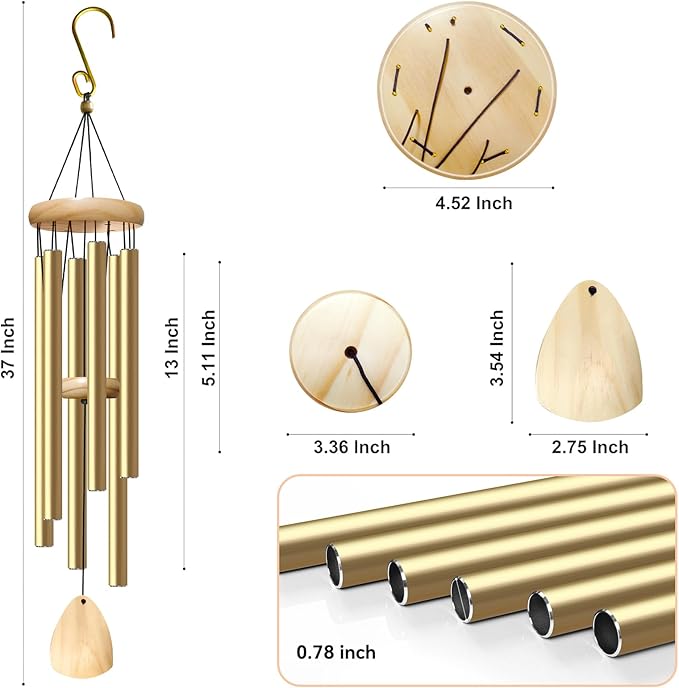Large Aluminium Wind Chimes 37 Inches to Create a Zen Atmosphere Suitable for Outdoor, Garden, Patio Decoration. Classic Wind Chimes with Wind Catcher as a Gift for Unisex(Light Golden)