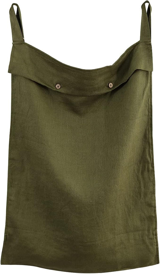 Linen Hanging Laundry Bag, 100% Linen Over The Door Laundry Hamper with Buttons and Zipper, Space Saving Door Hampers for Laundry Dirty Clothes Home Travel, Green