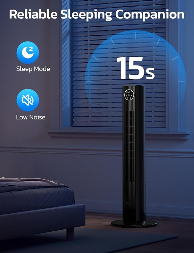 ZAFRO Tower Fan for Bedroom, 90° Oscillating Fan with 12H Timer, 37”Standing Fans with Remote, Bladeless Fan with 4 Modes & 3 Speeds, Black