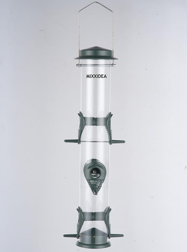 MIXXIDEA 1PK Metal Bird Feeders with 6 Feeding Ports,Tube Bird Feeder with Steel Hanger,Hard Plastic Wild Bird Feeder for Outdoors Hanging, Attracting Birds in Your Lawn, Garden, Balcony–Green