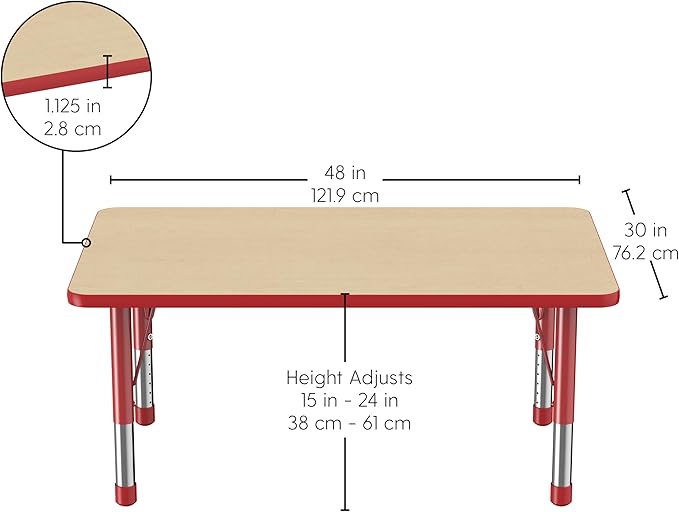 FDP Rectangle Activity School and Classroom Kids Table (30 x 48 inch), Chunky Toddler Legs, Adjustable Height 15-24 inches - Maple Top and Red Edge
