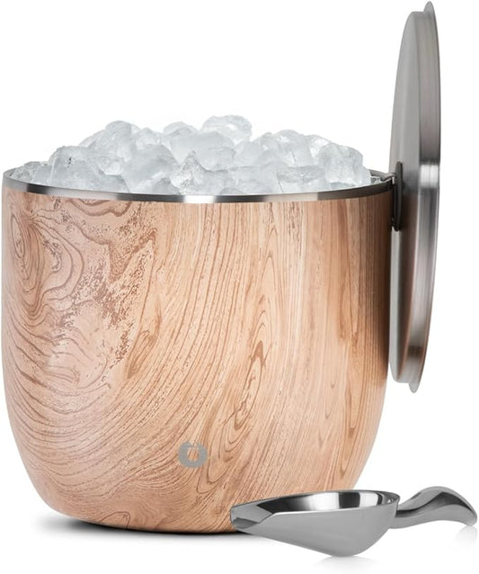 SNOWFOX XL Premium Vacuum Insulated Double Wall Stainless Steel Ice Bucket with Lid/Scoop, Bar Accessories, Large Elegant Party Bucket, Chill Several Bottles, Beautiful Entertaining, 7L, Natural Teak