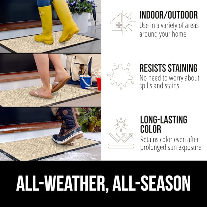 GORILLA GRIP 100% Waterproof All-Season WeatherMax Doormat, 47x35, US Designed Natural Rubber, Stain and Fade Resistant, Low Profile Indoor Outdoor Door Mats, Easy Clean Patio Mat, Modern Latte