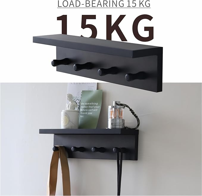 Entrance Coat Rack ，Coat Hooks, Wall-Mounted Wooden Hook Rack, Wall-Mounted Shelves are Very Suitable (Black Finish-1)