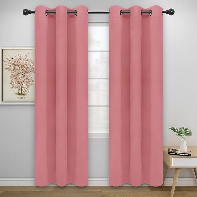 Easy-Going Blackout Curtains for Bedroom, Solid Thermal Insulated Grommet and Noise Reduction Window Drapes, Room Darkening Curtains for Living Room, 2 Panels(42x84 in, Pink)