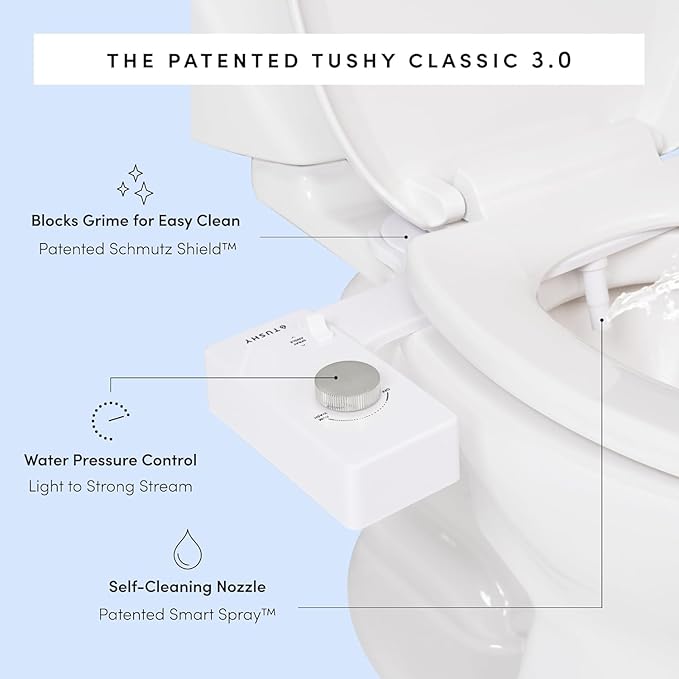 TUSHY Classic 3.0 Bidet | Slim Universal Toilet Seat Attachment. Simple Install <10 Minutes. Non-Electric Self Cleaning Water Sprayer with Adjustable Pressure Nozzle and Angle Control. (Black/Gold)