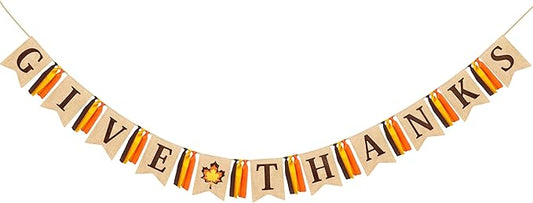 Thanksgiving Maple Leaf Burlap Pennant Banner Flag Felt Give Thanks Sign and Maple Leaf Pattern with Fall Color Ribbon for Thanksgiving Day Fall Autumn Harvest Birthday Party Decorations Supplies