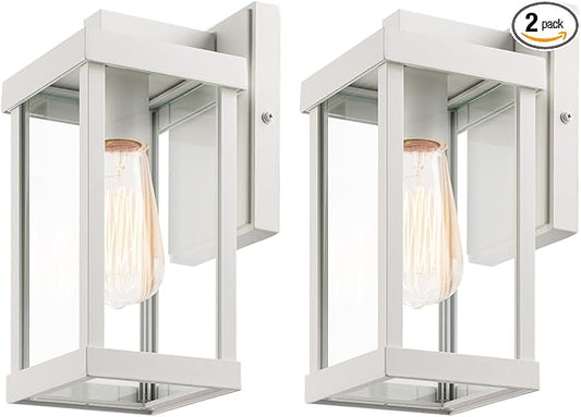 mirrea 11" Classic Outdoor Wall Sconce 1 Light in Rectangular Metal Frame and Clear Glass Shade Waterproof Porch Light Patio Light Pack of 2 (Matte White)