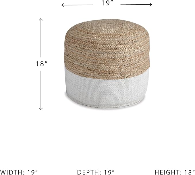 Signature Design by Ashley Sweed Valley Jute & Cotton Pouf, 19 x 19 Inches, Beige & White