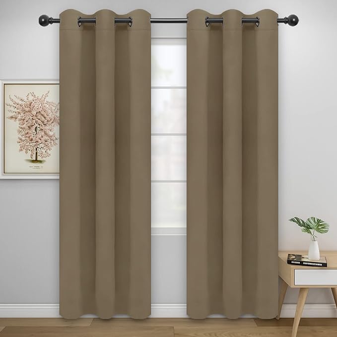 Easy-Going Blackout Curtains for Bedroom, Solid Thermal Insulated Grommet and Noise Reduction Window Drapes, Room Darkening Curtains for Living Room, 2 Panels(46x84 in, Tan)