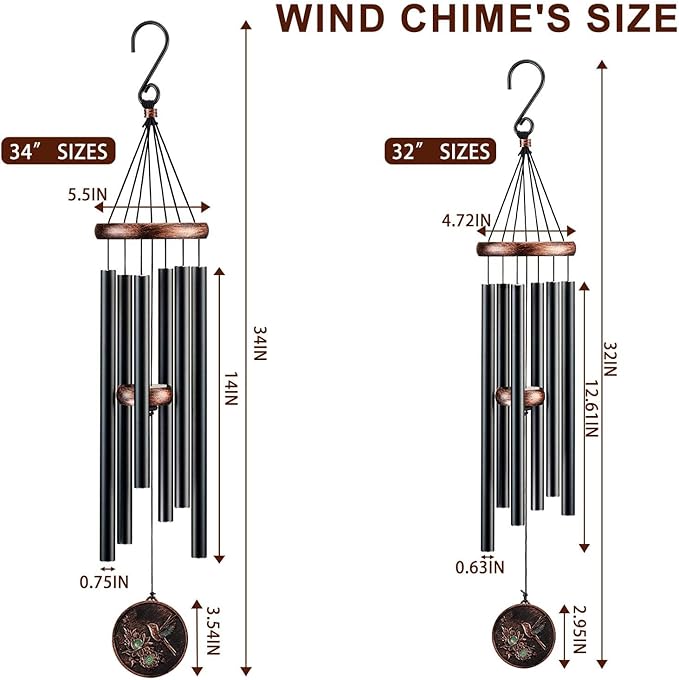 Wind Chimes for Outside, Hummingbird Deep Tone Vintage Wind Chime Outdoor Clearance, Sympathy/Memorial/Festivals/Birthday Gift for Mom Dad Grandma, Home Garden Patio Decor (34" Hummingbird)