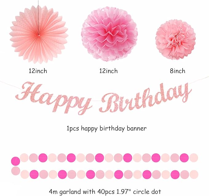 Hot Pink Birthday Party-Decorations Paper-Flowers - 14pcs Happy Banner Girl Lanterns Tissue Pom Poms,Women Streamers Garland Fans,21st 18th Princess Baby Sweet 16 Pretty Hanging Supplies Decor Hugfond