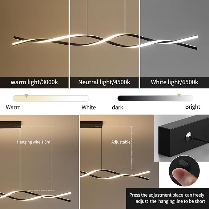 Modern Ceiling Chandelier Light, Acrylic Anti Flicker Pendant Lamp with Remote Control Dimmable 3 Color Mode & Brightness (Warm Cool Neutral Light) for Kitchen Bar Walnut 57in