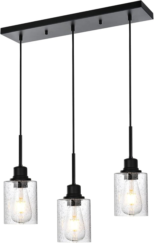 Modern 3-Light Pendant Island Light Fixture Black Ceiling Hanging Lights with Clear Seeded Glass and Adjustable Cord,Industrial Pendant Lighting for Kitchen Living Room Dining Room Foyer