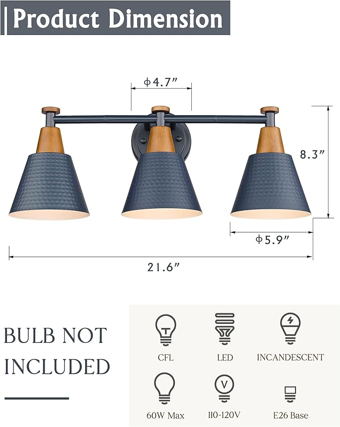 FEMILA Bathroom Vanity Light, 3-Light Modern Bathroom Light Fixture with Hammered Metal Shade Finish, Dark Blue Wall Sconce Lamp Lighting for Bedroom, 4FG59B-3W Blue