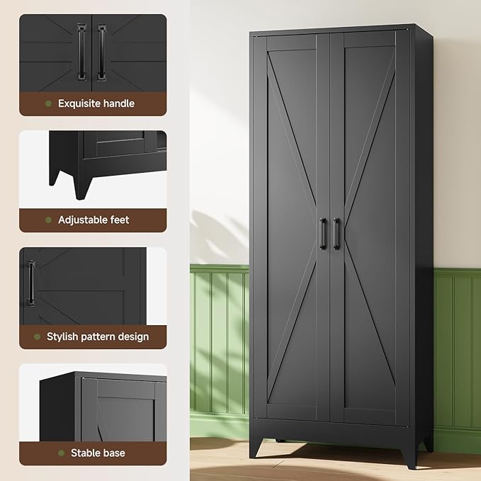 Letaya Storage Cabinet,75" H Metal Kitchen Pantry Cabinets with Doors and Adjustable Shelves,Pantry Organizers for for Cupboard/Dining/Bathroom/Office/Garage Room,Black