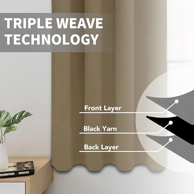 Easy-Going Blackout Curtains for Bedroom, Solid Thermal Insulated Grommet and Noise Reduction Window Drapes, Room Darkening Curtains for Living Room, 2 Panels (52x63 in,Tan)