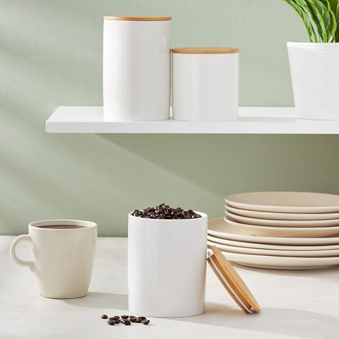 Farmlyn Creek Set of 3 White Ceramic Canisters with Airtight Wooden Bmaboo Lids - Kitchen Counter Containers - Food Storage Jars for Storing Sugar, Coffee, Snacks and Other Dry Goods (3 Sizes)