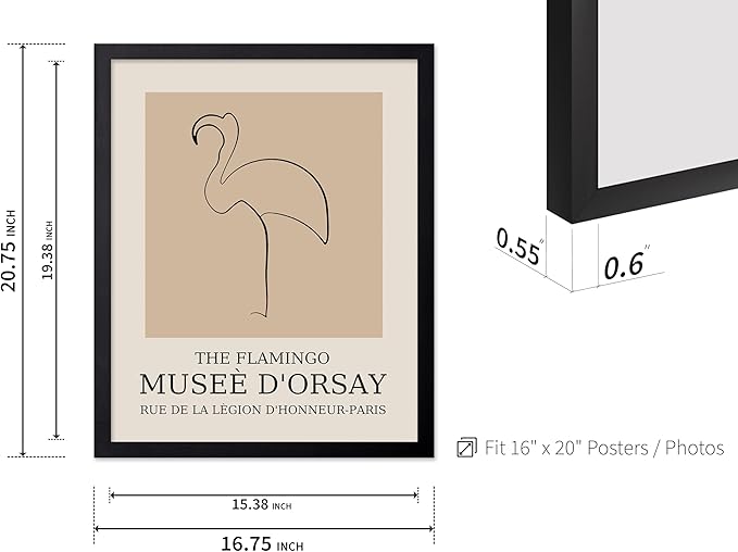 Poster Master Vintage Poster - Retro Minimalist Print - Gift for Artist, Housewarming - Flamingo, Line Drawing, Sketch, Abstract - Wall Decor for Living Room, Bedroom, 16x20 Black Framed