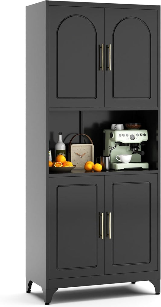 75" Tall Kitchen Pantry Storage Cabinet, Metal Storage Cabinets with 4 Doors and Adjustable Shelves, Black Kitchen Hutch Cabinet with Microwave Stand, Large Cupboard for Dining Living Room