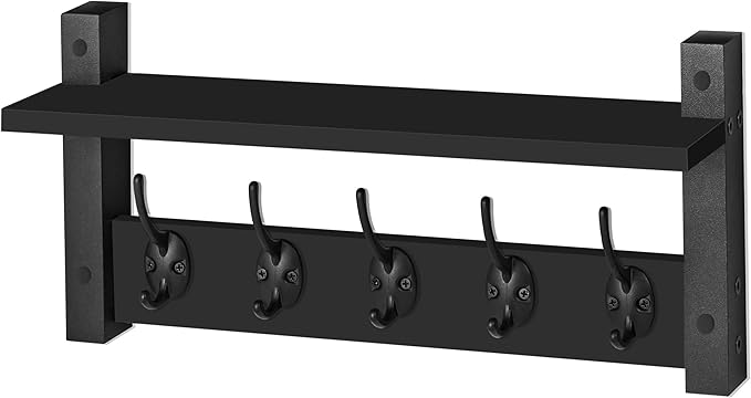 Sorbus Coat Hooks Wall Mount with Shelf – 16 Inch Coat Rack Wall Mount with 5 Heavy Duty Hooks – Floating Wall Shelf with Hooks for Entryway, Bathroom, Bedroom, Kitchen, or Mudroom (Black)