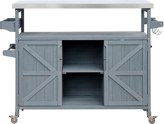 Outdoor Solid Wood Grill Table with Stainless Steel Top, Farmhouse Kitchen Island with Storage Cabinet, Outdoor Bar Cart with Internal Storage Rack, Spice & Towel Rack, Grey Blue