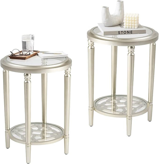 COSIEST Set of 2 Modern Round End Table, 2-Tier Glass Side Table with Glass Tabletop, Wood Accent Table with Storage Shelf for Living Room, Bedroom