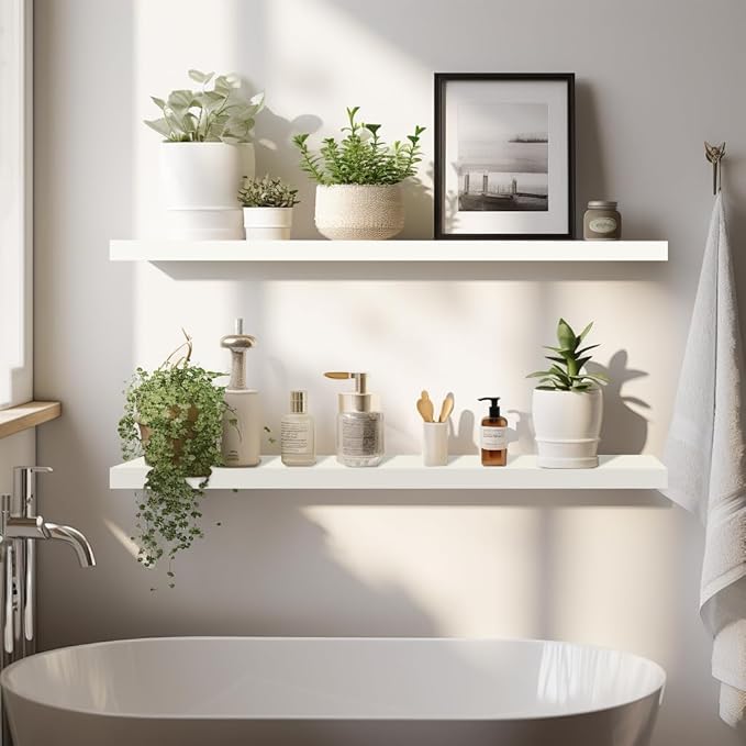 LaVie Home Floating Shelves, 36 Inch Wall Shelf Set of 2, Hanging Shelf with Invisible Brackets, Wall Decor for Bathroom, Bedroom, Living Room, Kitchen Storage, Modern White
