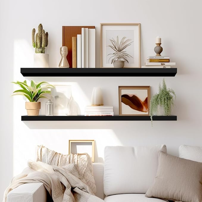 LaVie Home Floating Shelves, 36 Inch Wall Shelf Set of 2, Hanging Shelf with Invisible Brackets, Wall Decor for Bathroom, Bedroom, Living Room, Kitchen Storage, Classic Black