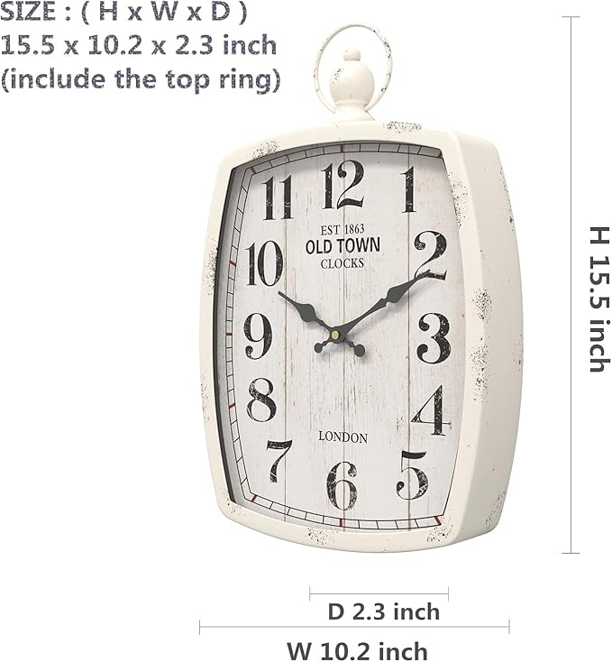Menterry Rectangle Retro Large Wall Clock, Old-Fashioned Vintage Design, White Antique Style, Battery Operated Silent Decor Wall Clocks for Farmhouse,Kitchen,Office (15.5" H x 10.2" W)