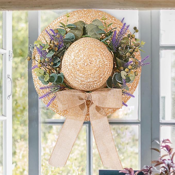 Dilicoming Spring Eucalyptus Wreaths for Front Door - 16 Inch Summer Fall Straw Hat Wreath with Bow, Women Gift, Indoor Outdoor Wreaths for Wall, Window, Farmhouse, Party, Holiday Home Décor