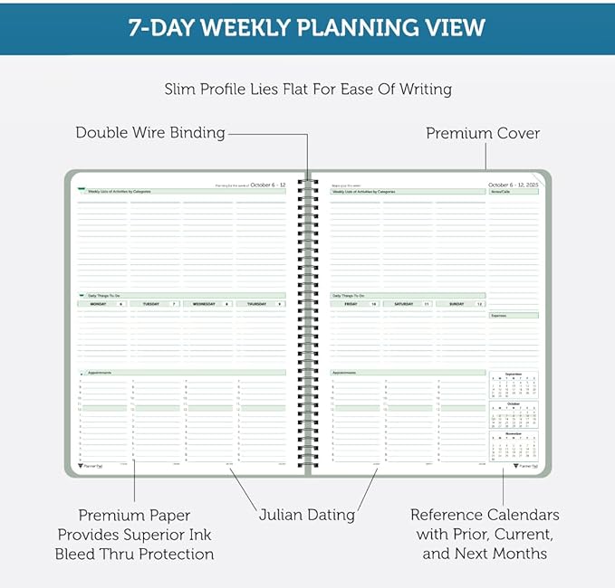 Planner Pad Spiral Bound 3-Tier Funnel Down 12 Month Organizer, October 2025 – September 2026, Greenish Grey Cover/Soft Green Ink, 8 1/2" x 11"