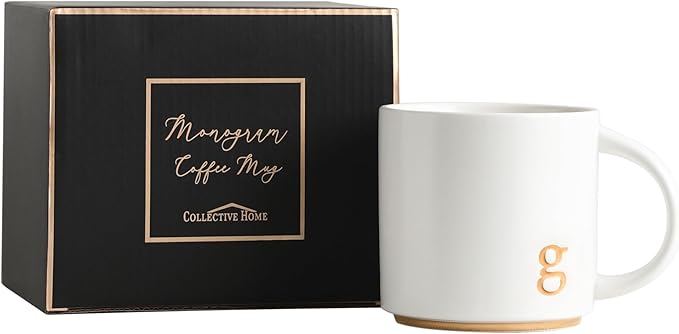 COLLECTIVE HOME - Monogram Ceramic Mugs, 15 oz Golden Initial Coffee Cups, Elegant Alphabet Tea Mugs, Elegant Personalized Mug with Gift Box, Luxurious Cups for Office and Home (g)