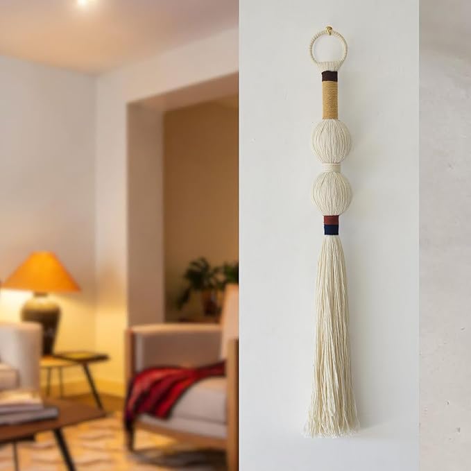 Macrame Wall Hanging Boho Decor Yarn Wall Art Small Sphericity Cotton Textile Tassel Hanging Fiber Art for Living Room Bedroom 27'' L x 2.3'' W