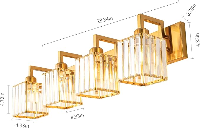 Modern Crystal Bathroom Vanity Light - 4-Lights Gold Brushed Brass Finish Wall Lamp