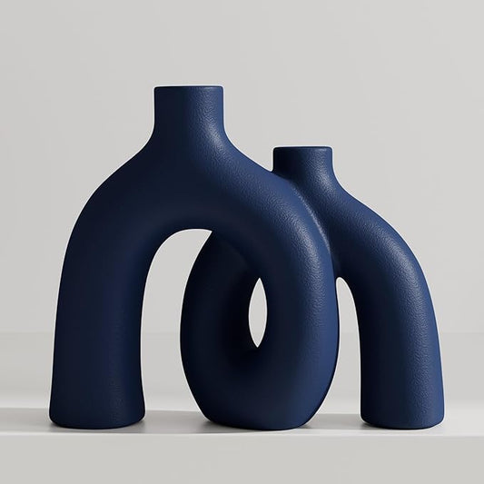 Matte Blue Vase Set - Hug Hollow Donut Aesthetic Ceramic Vases Home Decor, Navy Blue Decor Modern Coastal Decorative Vase for Table Centerpiece Bookshelf Office Entryway Console Fireplace (Navy Blue)