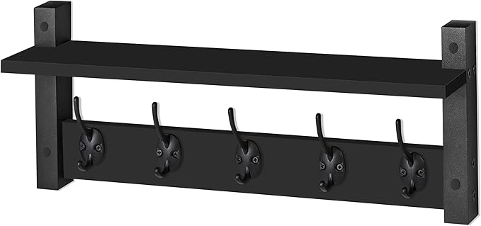 Sorbus Coat Hooks Wall Mount with Shelf – 24 Inch Coat Rack Wall Mount with 5 Heavy Duty Hooks – Floating Wall Shelf with Hooks for Entryway, Bathroom, Bedroom, Kitchen, or Mudroom (Black)