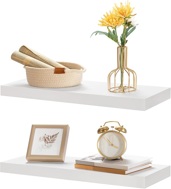 HOOBRO Floating Shelves for Wall, Wall Mounted Shelf Set of 2, 23.6" Hanging Shelf with Invisible Brackets, for Wall in Bathroom, Bedroom, Toilet, Kitchen, Living Room, Office, White WT60BJ01