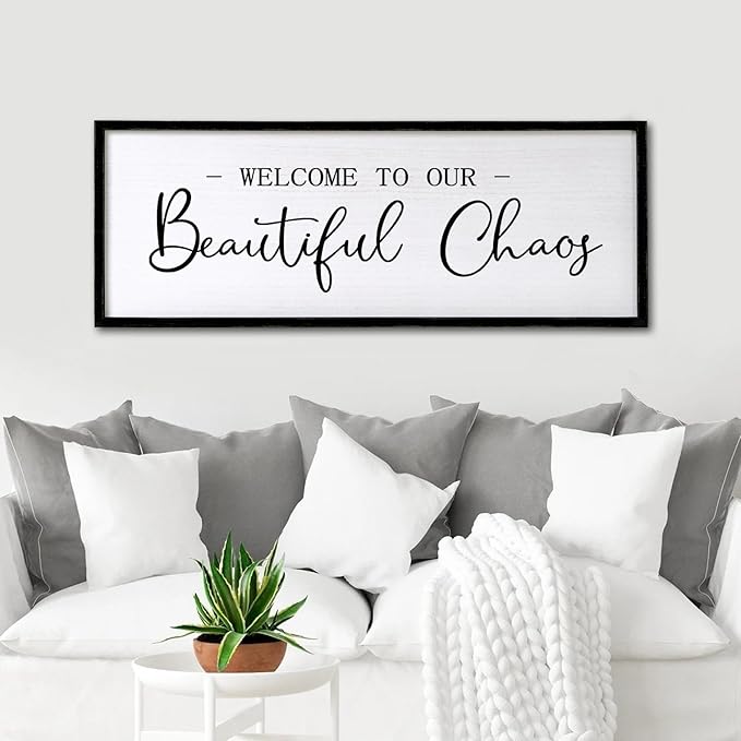 Welcome To Our Beautiful Chaos Sign Wall Decor Framed Wood 32X12 Inch For Rustic Home Living Room Entryway Bedroom Hanging Art (Wood)