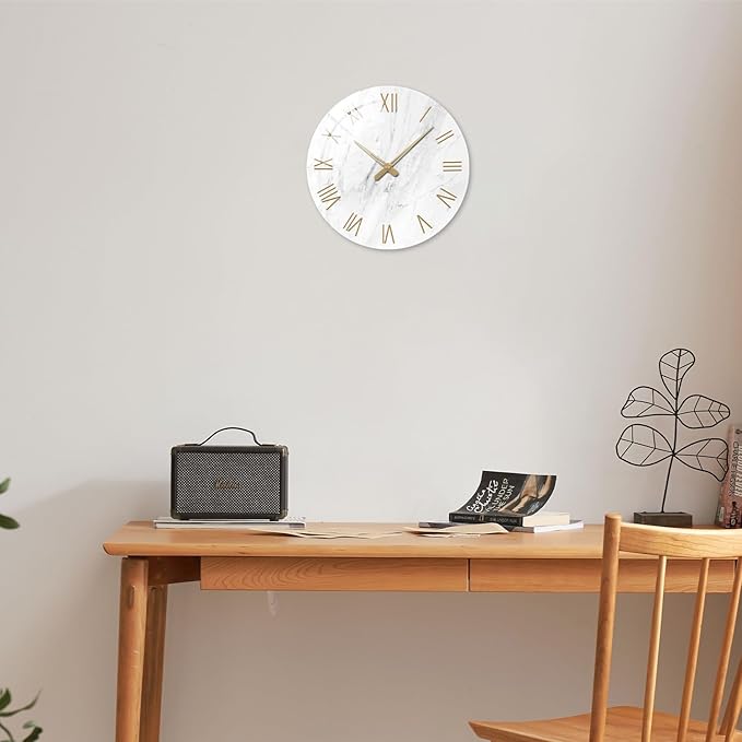 Round Marble Battery Wall Clock Modern 14 Inch White Minimalist Wall Clock for Kitchen Quartz Glass Slient Clock for Wall