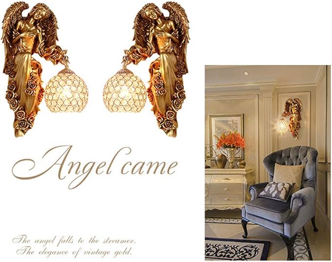 LITFAD Antique Spherical Sconce Light Decorated Bedside Lamp Clear Crystal 1 Light in Gold Wall Light Angel Wall Lamp for Bedroom Living Room Hotel - Left