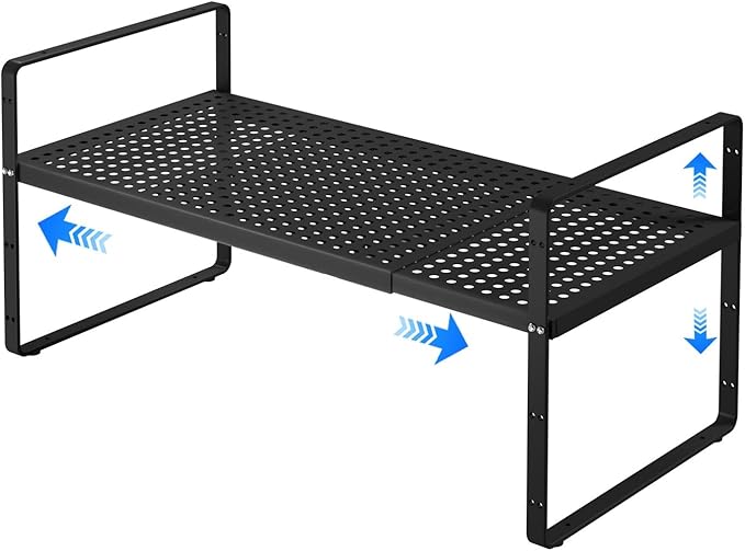 Expandable Kitchen Shelf Organizers, Kitchen Cabinet Organizer Stand Rack Organization for Countertop Cupborad Pantry, Black 1 Pack