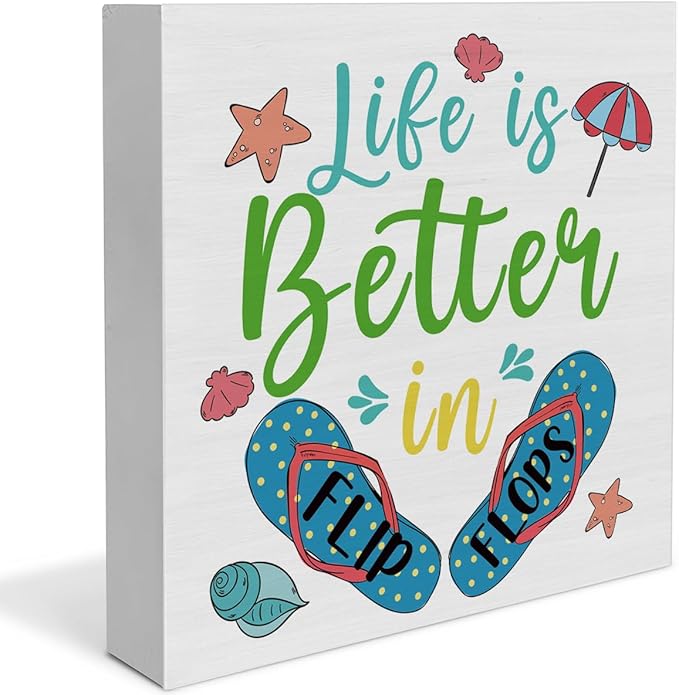 Summer Decor Beach Decorations Flip Flop Wooden Sign Rustic Home Decor 5 x 5 Inches