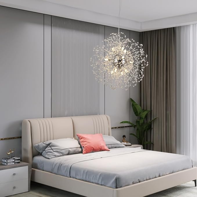 Modern Farmhouse Chandelier, Sputnik Crystal Beaded Pendant Lamp, Round Sunflower Chrome Hanging Light Fixtures for Dining Room Foyer Bedroom Kitchen Island (Chrome 12Lights)