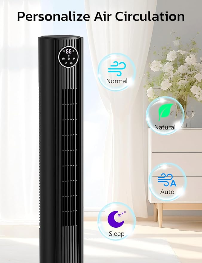 ZAFRO Tower Fan for Bedroom, 90° Oscillating Fan with 12H Timer, 37”Standing Fans with Remote, Bladeless Fan with 4 Modes & 3 Speeds, Black