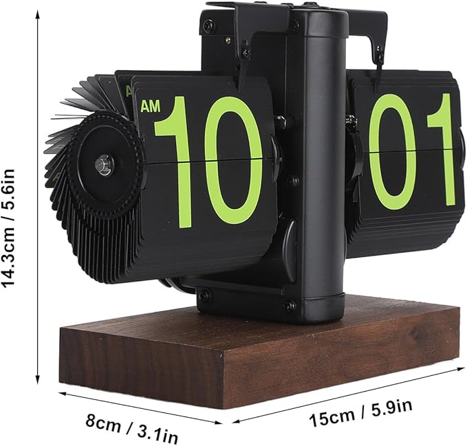 Flip Desk Clock, Retro Vintage Flip Desk Table Clock, Digital Sided Large Numbers Mechanical Flip Clock Wood Base for Living Room, Study Room and Office（Frosted Black）