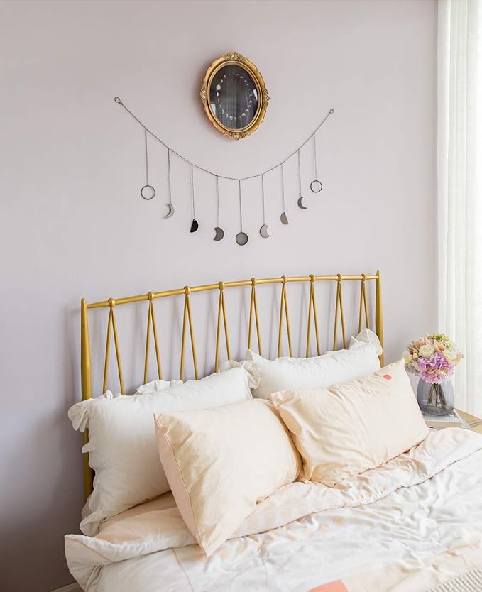 Mkono Moon Phase Wall Hanging Boho Aesthetic Room Decor Metal Moons Garland Hanging Art Bohemian Home Decoration for Girls Room Nursery Bedroom Livingroom Dorm, Ideal, Black, 50"