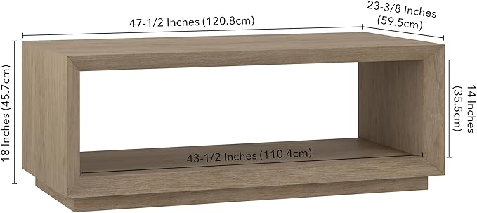 Henn&Hart 48" Rectangular Coffee Table with Open Storage Shelf for Living Room, Family Room, or Office, Antiqued Gray Oak
