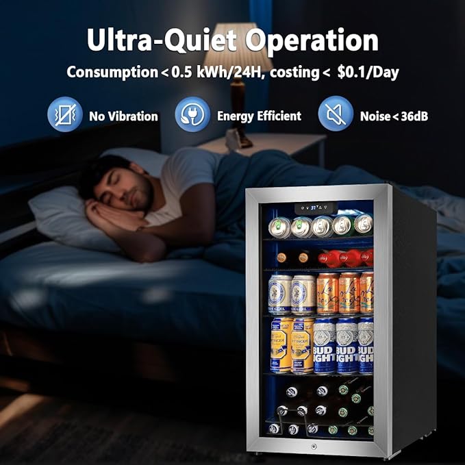 Tylza 130 Can Beverage Refrigerator Cooler, 3.22 Cu.Ft Beverage Cooler with Low-E Glass Door, Safety Lock, Beverage Fridge for Soda, Beer, Wine, Mini Fridge for Home, Office, Bar, Bedroom, Silver