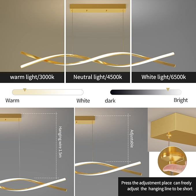 Modern Ceiling Pendant Light, with Remote Control Dimmable 3 Color Mode & Brightness Ceiling Lamp, Anti-Flicker Dining Light Fixture for Kitchen, Dining Room (Gold)